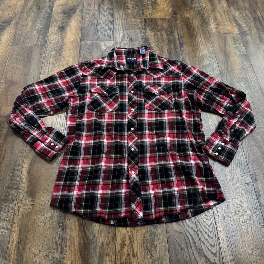 Wrangler Womens Large Red Black Plaid Western Pearl Snap Flannel Shirt Cotton